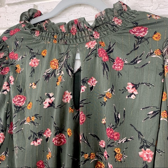 NWT Drew Floral Print High Neck Ruffle Smocked Chiffon Mini Dress Green Small - Picture 3 of 10